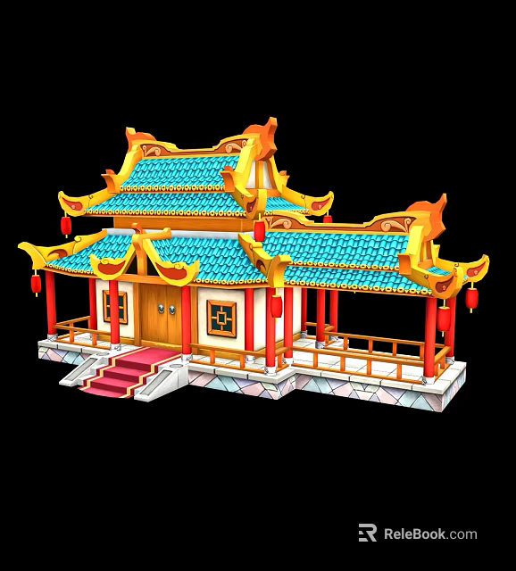 Cartoon Scene Of Chinese Traditional Architecture With Blue Roof Golden Eaves And Red Lanterns 3d model 