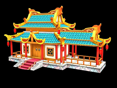 Cartoon Scene Of Chinese Traditional Architecture With Blue Roof Golden Eaves And Red Lanterns 3d model