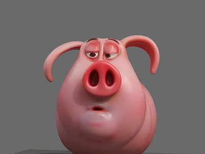 Cute Pink Cartoon Pig with Big Ears and Sleepy Expression 3d model