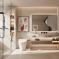 Modern Bathroom Interior Design With Toilet Vanity Marble Countertop Large Mirror And Wall Art