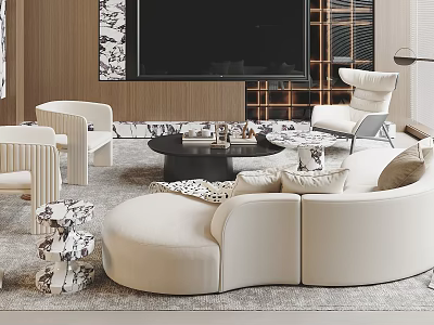 Cream Curved Sofa And Black Coffee Table Set In Modern Living Room With Rug And TV Wall 3d model