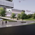 Modern Times China Plaza Landscape with Green Lawn Lush Trees and Tall Buildings