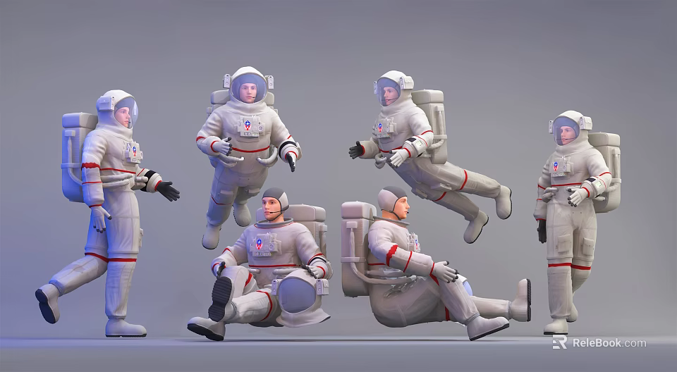 Male Astronauts In Various Action Poses Wearing White Space Suits 3d model 