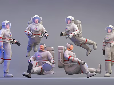 Male Astronauts In Various Action Poses Wearing White Space Suits 3d model