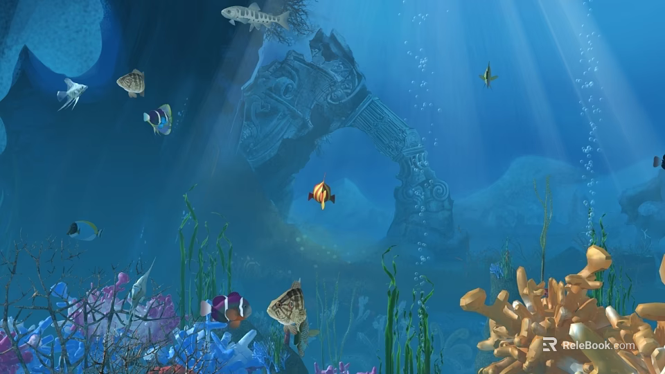 Colorful Aquatic Animals Swimming in Underwater Scene with Coral Reef Ancient Arch and Sunlight Rays 3d model 