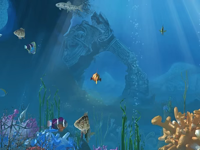 Colorful Aquatic Animals Swimming in Underwater Scene with Coral Reef Ancient Arch and Sunlight Rays 3d model