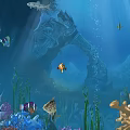 Colorful Aquatic Animals Swimming in Underwater Scene with Coral Reef Ancient Arch and Sunlight Rays
