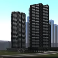 Modern High Rise Residential Buildings With Greenery Water Feature And Urban Skyline