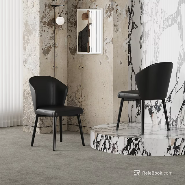 Modern Black Leather Dining Chairs with Minimalist Design and Marble Accents 3d model 