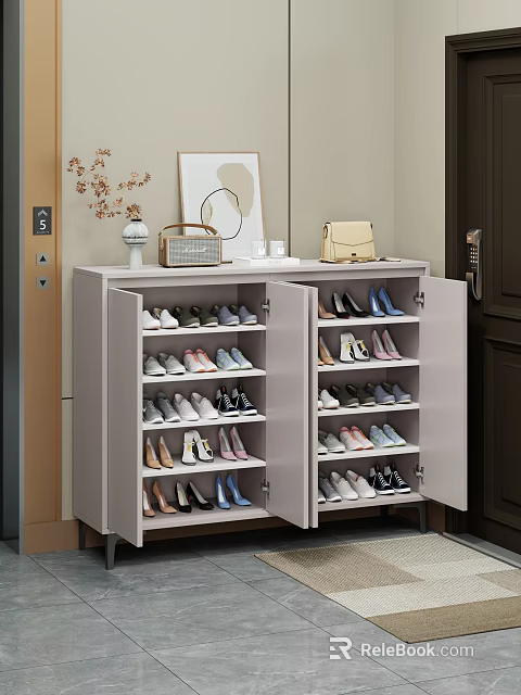 Entryway Shoe Cabinet With Open Doors Organized Shoes And Decorative Top Shelf 3d model 