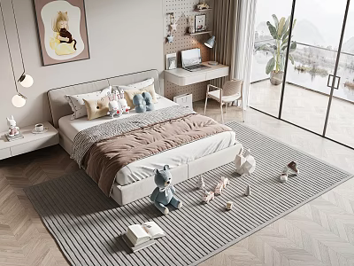 Kids Room Interior Featuring Bed Pillows Stuffed Teddy Bear Books On Rug Desk Window View 3d model