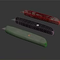 Three Utility Knives with Red Black Silver Designs and Metallic Handles