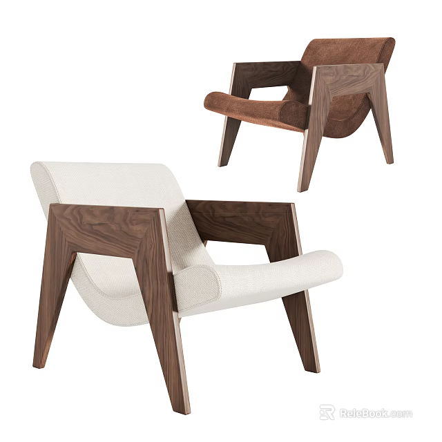 Modern Lounge Chair With Wooden Frame White Brown Upholstered Seat And Armrests 3d model 