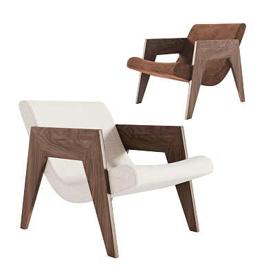 Modern Lounge Chair With Wooden Frame White Brown Upholstered Seat And Armrests 3d model