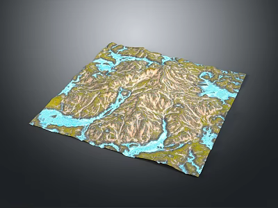 3D Terrain Landscape Model With Rolling Mountains Water Areas And Square Shape On Gray Background 3d model