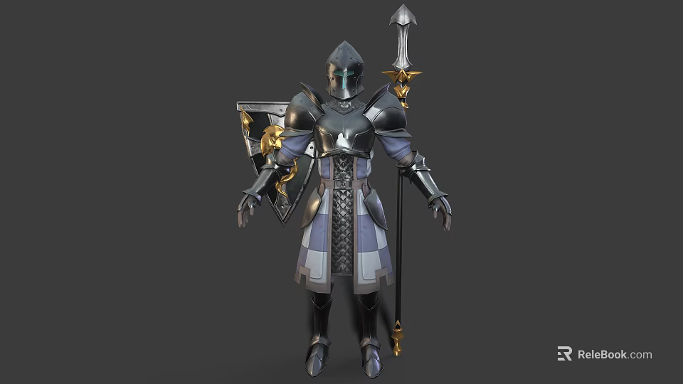 Fantasy Knight Character In Shiny Armor With Lion Shield And Spear Weapon 3d model 