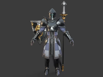 Fantasy Knight Character In Shiny Armor With Lion Shield And Spear Weapon 3d model