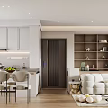 Modern Dining Living Room Interior With White Cabinets Island Counter Arched Doorway And Wooden Flooring