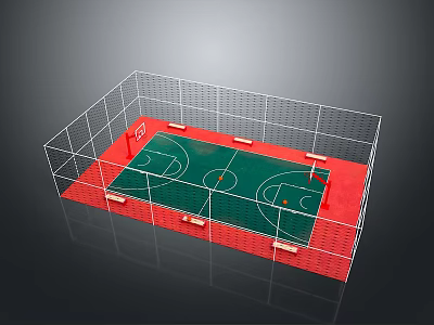Mini Basketball Court Model With Green Surface Red Border White Net And Wire Mesh Fence 3d model