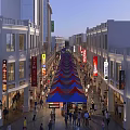 Busy Commercial Street at Night with Colorful Tents Storefronts Crowds and Fireworks