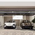 White and Brown Porsche Cars Parked in Modern Garage with Charging Station and Wooden Walls