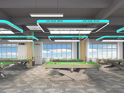 Shopping Mall Store With Multiple Pool Tables Bright Interior Blue Light Strips And Large Windows 3d model