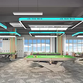 Shopping Mall Store With Multiple Pool Tables Bright Interior Blue Light Strips And Large Windows