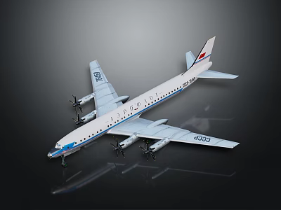 White Commercial Airplane Model With Four Engines Blue Stripes And Red Tail 3d model