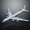 White Commercial Airplane Model With Four Engines Blue Stripes And Red Tail