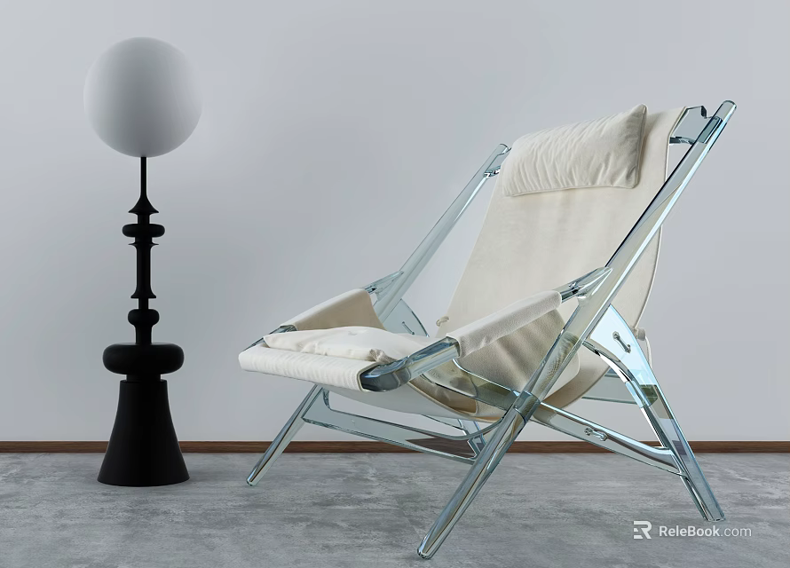 Modern Lounge Chair With Metal Frame And Beige Cushion Next To Black Floor Lamp In Minimalist Room 3d model 