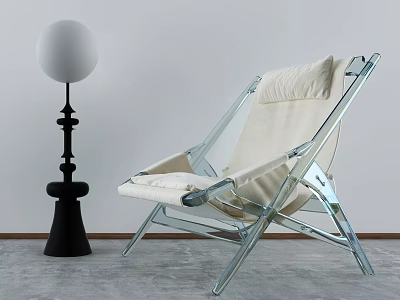 Modern Lounge Chair With Metal Frame And Beige Cushion Next To Black Floor Lamp In Minimalist Room 3d model