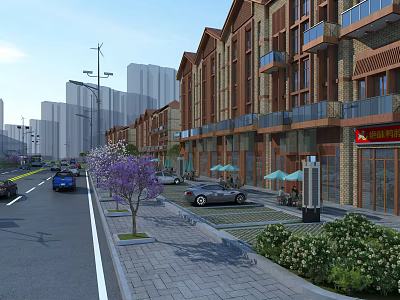 Vibrant Commercial Street With Multi Story Buildings Shops Cars Greenery Benches And Umbrellas 3d model