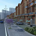 Vibrant Commercial Street With Multi Story Buildings Shops Cars Greenery Benches And Umbrellas