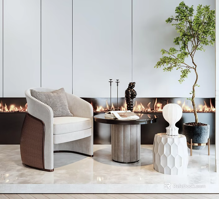 Modern Elegant Interior With Accent Chair Round Side Table Table Lamp And Potted Plant 3d model 