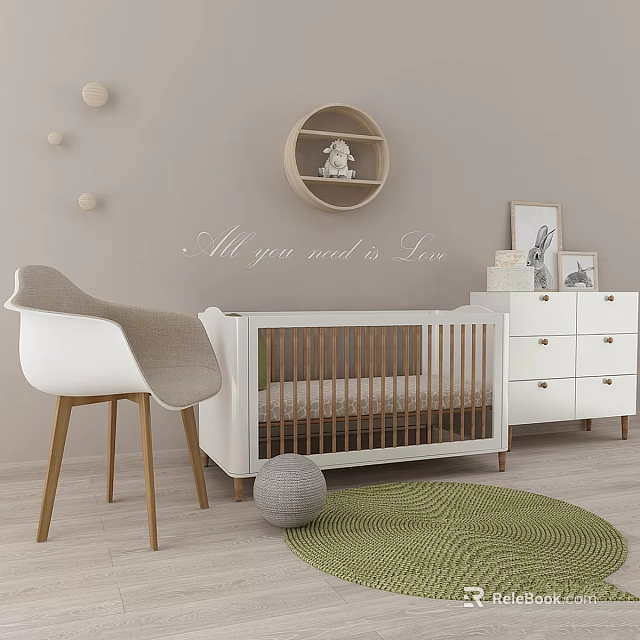 Cozy Baby Room Interior With White Chair Round Shelf Wooden Crib Dresser And Green Rug 3d model 