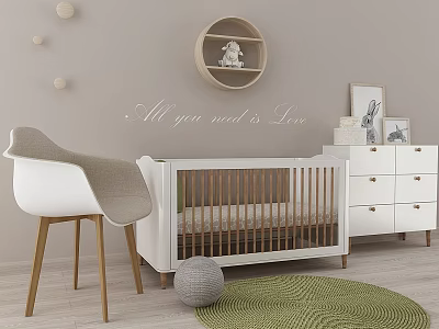 Cozy Baby Room Interior With White Chair Round Shelf Wooden Crib Dresser And Green Rug 3d model