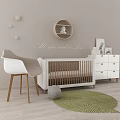Cozy Baby Room Interior With White Chair Round Shelf Wooden Crib Dresser And Green Rug