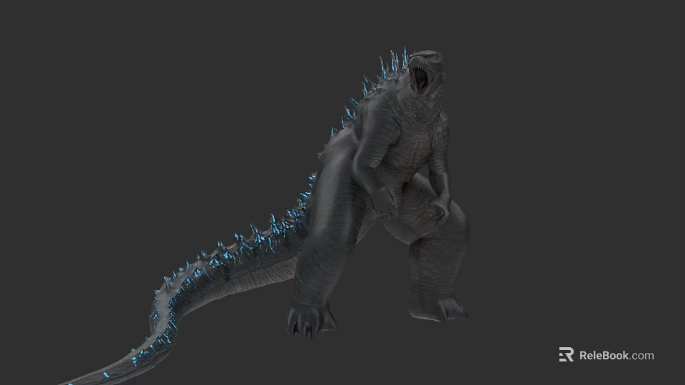 Gray Godzilla Monster Figure With Blue Glowing Spikes In Standing Pose 3d model 