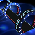 Multiple Concentric Illuminated Door Arches With Red SUNAC Lettering White Lights On Black Background