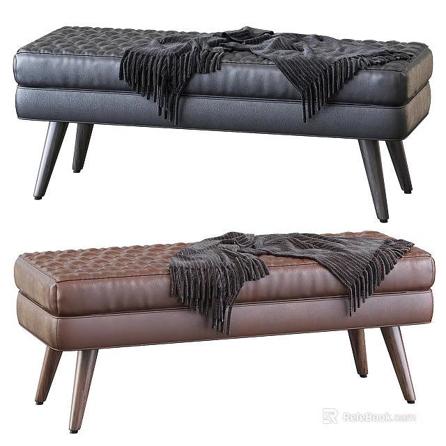Stylish Black Brown Leather Tufted Sofa Bench with Fringed Blanket and Wooden Legs 3d model 