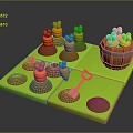 3D Carrot Planting Scene With Green Board Soil Pits Red Shovel And Wooden Barrel