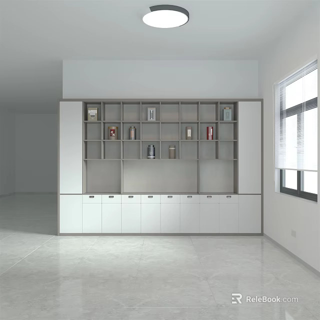 Modern White Decorative Cabinet with Open Shelves and Storage Drawers in Bright Room 3d model 