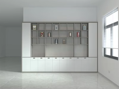 Modern White Decorative Cabinet with Open Shelves and Storage Drawers in Bright Room 3d model