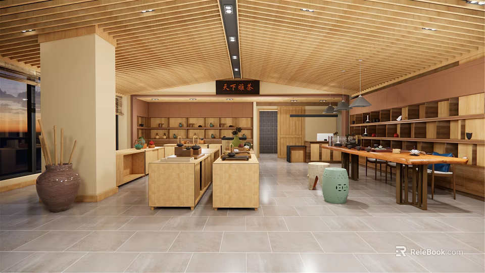 Traditional Chinese Style Tea Store Interior With Wooden Display Shelves And Cabinets 3d model 