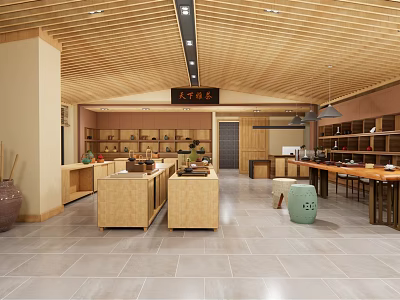 Traditional Chinese Style Tea Store Interior With Wooden Display Shelves And Cabinets 3d model