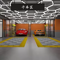 Modern Sports Car Dealership Showroom With Hexagonal Ceiling Lighting Yellow Gray Floor And Displayed Vehicles