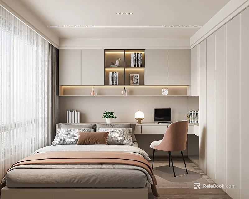 Tatami Bedroom Modern Minimalist Design With Bed Pillows Desk Table Lamp Bookshelf And Curtains 3d model 