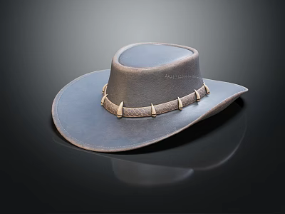 Gray Leather Cowboy Hat with Decorative Studded Leather Band Displayed on Black Background with Reflection 3d model