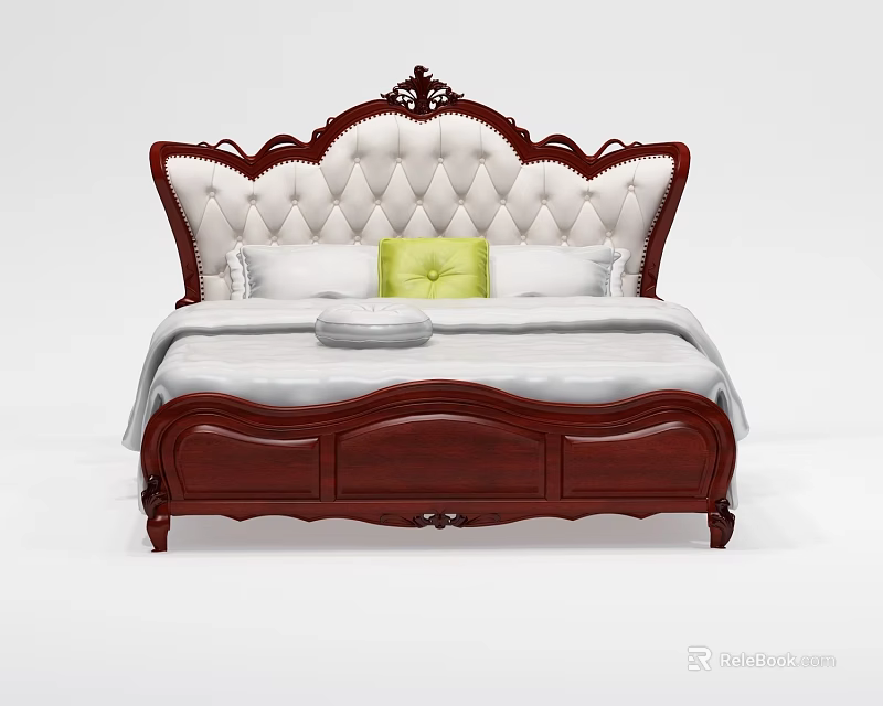 Classic Double Bed with Carved Wooden Headboard White Tufted Upholstery and Green Cushion 3d model 