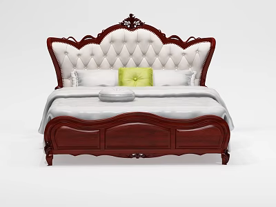 Classic Double Bed with Carved Wooden Headboard White Tufted Upholstery and Green Cushion 3d model